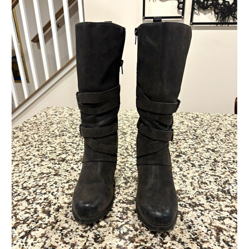 Levity Womens Riding Boots Sz 9M Black Knee High Side Zip Heeled Slouchy Buckle